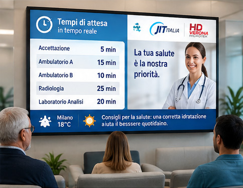 Monitor Digital Signage JIT Italia installato in sala d’attesa con tempi di attesa, informazioni mediche e comunicazioni ai pazienti